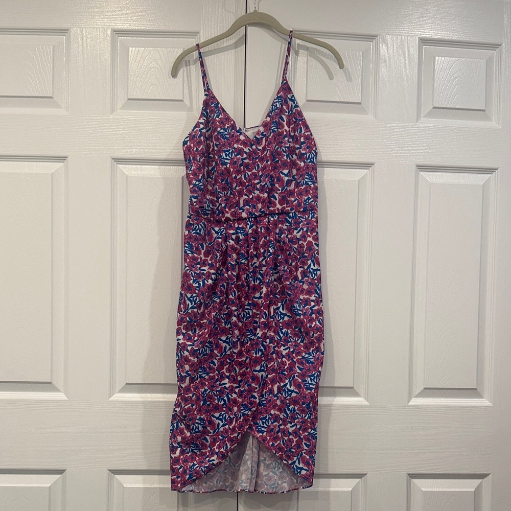 Chelsea28 Pink Floral Midi Dress with Blue Highlights